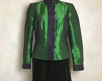 Vintage Size M Silk Austrian Jacket Shiny Green & Black Octoberfest Blazer