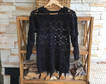 vintage Women’s Size M Crochet Sweater Hand Knitted Black Cotton See Through Tunics Floral Pattern