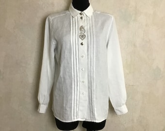 Vintage Donna Taglia L Bianco Lino Blusa Tradizionale Tedesco Ricamato Dirndl Octoberfest Blusa