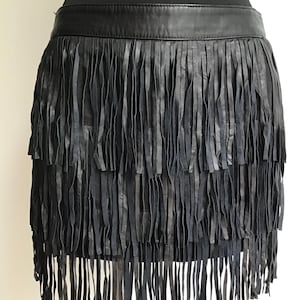 Vintage Size M Black Leather Fringed Skirt Low Waist Mini Skirt by River Island