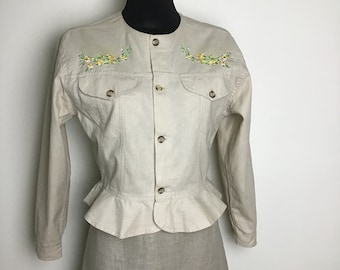 Vintage Women’s Size M Beige Cropped Jacket Cotton-Ramie Blend Embroidered Jacket