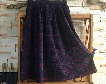 Vintage Size L Dark Green & Red Corduroy Skirt Floral Print Pleated Cotton Skirt by L.L.Bean
