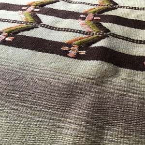 May include: A close-up of a woven throw blanket with a geometric pattern in shades of brown, green, and pink.