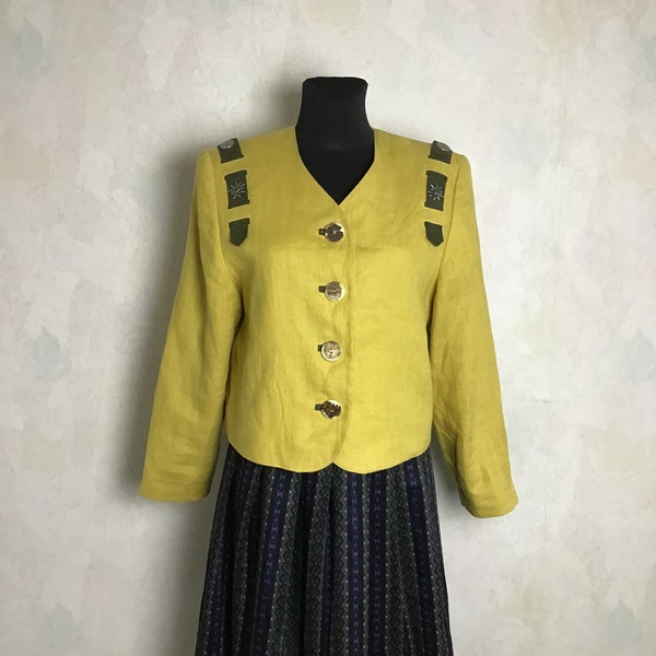 Vintage Gr. L Trachtendirndljacke Leinen senfgelb Geschnitten Oktoberfestjacke