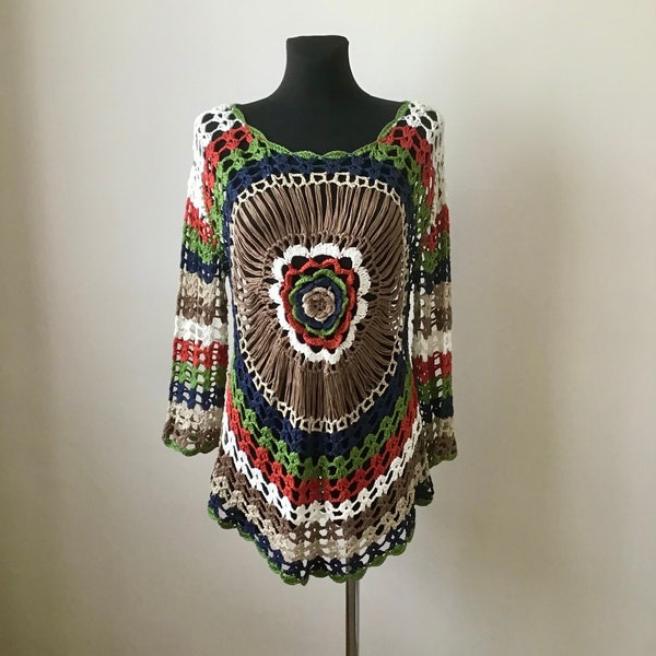 Vintage Women’s Size M -L Crochet Sweater Hand Knitted Multicolor See Through Tunics by Luisa J&J