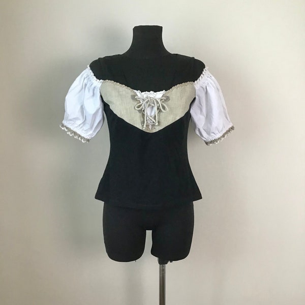 Vintage Size M Black & White Cotton Dirndl Blouse Open Shoulders Puffy Sleeves Top