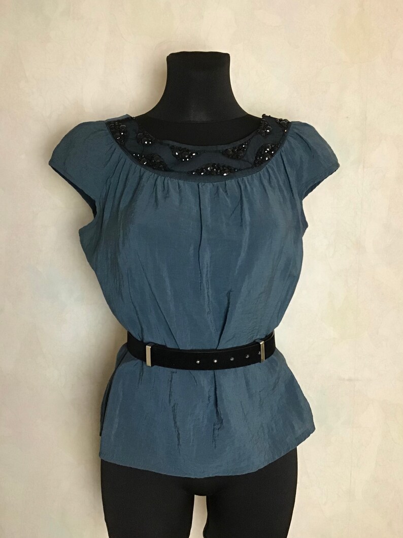 Vintage Women\u2019s Size M Dark Turquoise Blouse Short Sleeve Evening Blouse