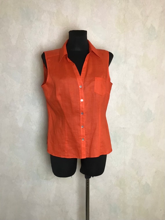 Vintage Womens Size L-XL Linen Blouse Orange Sleeveless Top 