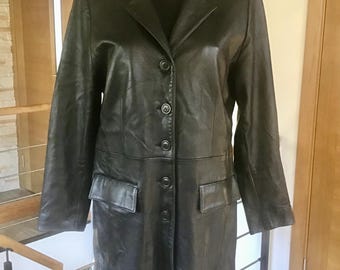 Vintage Women’s Size L Very Soft Leather German Jacket Black Coat Trench from Zingaro Leather Boutique