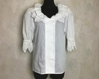 Camicetta bianca vintage da donna anni '60 e '70, taglia M, con maniche a sbuffo e pizzo