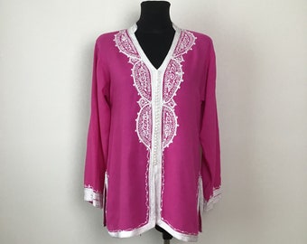 vintage Femme Taille M Fuchsia Couleur Tunique Brodée Loose Summer Top Tunique