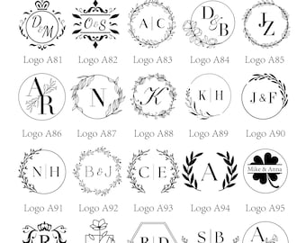 May include: A collection of twenty black and white circular and decorative logo designs featuring initials, names, and floral motifs. The text reads Custom Any Logo | Design | Name | Crest and includes the email address happywood3124@outlook.com.