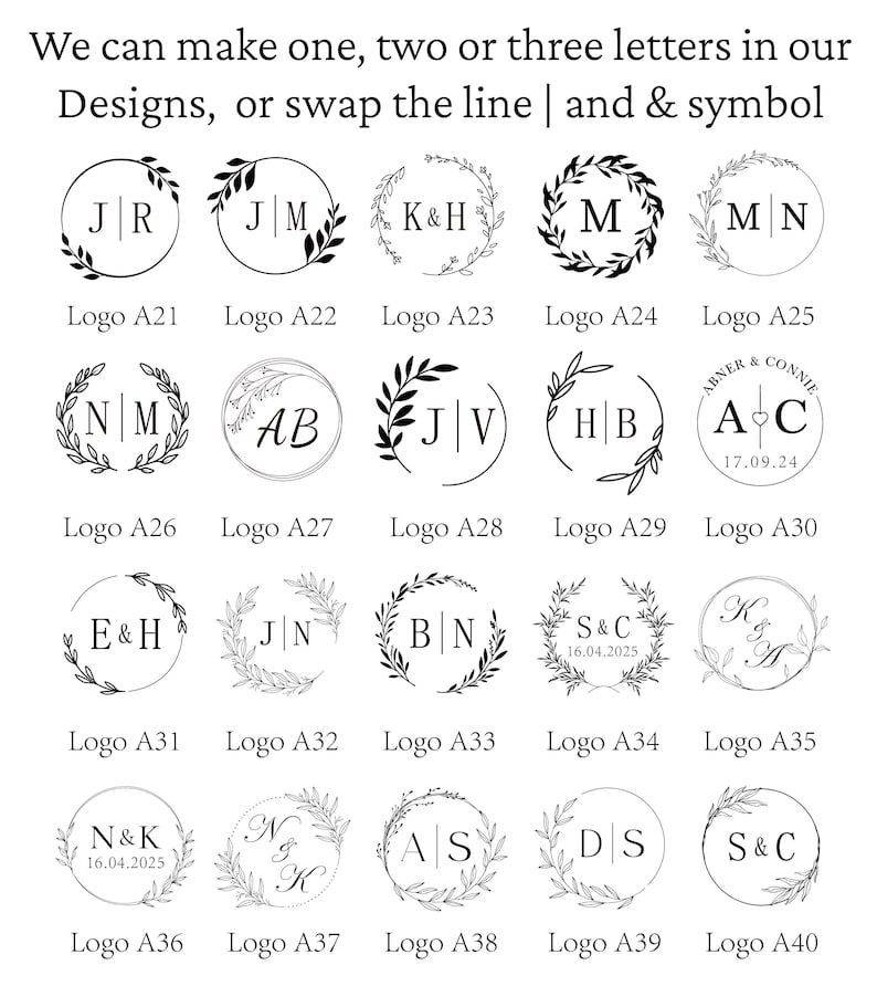 K&ouml;nnte beinhalten: Eine Sammlung von zwanzig schwarz-wei&szlig;en kreisf&ouml;rmigen Monogramm-Logodesigns, beschriftet von Logo A21 bis Logo A40. Jedes Design zeigt verschiedene Kombinationen aus Buchstaben, Et-Zeichen, vertikalen Linien und botanischen Blattkranz-Illustrationen.