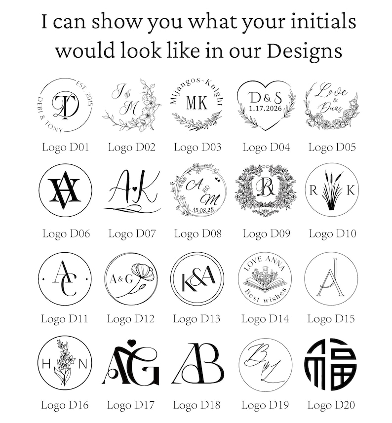 K&ouml;nnte beinhalten: Eine Sammlung von zwanzig schwarz-wei&szlig;en kreisf&ouml;rmigen und herzf&ouml;rmigen Logodesigns mit verschiedenen Initialen, Blumenmotiven und Daten. Der Text oben lautet: I can show you what your initials would look like in our Designs. Jedes Logo ist von D01 bis D20 beschriftet.