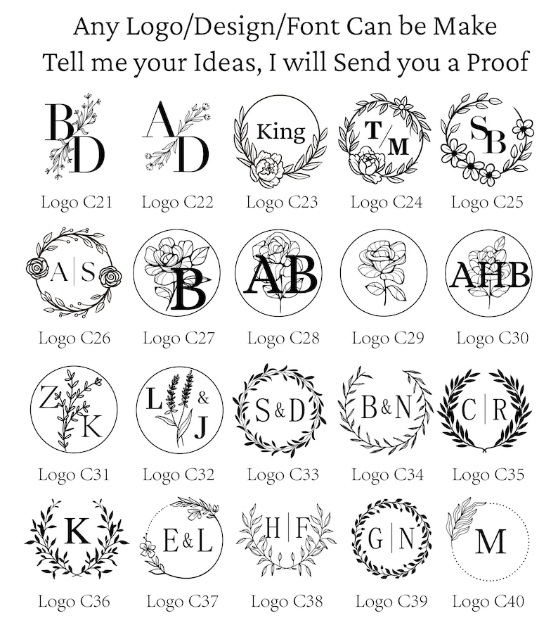 K&ouml;nnte beinhalten: Eine Sammlung von zwanzig schwarz-wei&szlig;en kreisf&ouml;rmigen Logodesigns mit Blumenkr&auml;nzen, botanischen Elementen und verschiedenen Buchstabenmonogrammen, beschriftet von Logo C21 bis Logo C40. Der Text oben lautet: Any Logo/Design/Font Can be Make Tell me your Ideas, I will Send you a Proof.