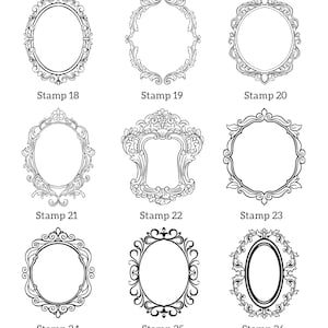 May include: A collection of nine black and white line art frames arranged in a grid, labeled Stamp 18 through Stamp 26. Each frame features intricate scrollwork and decorative borders in various oval and ornate shapes, presented on a plain background.