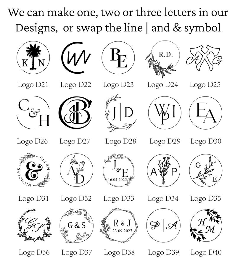 K&ouml;nnte beinhalten: Eine Sammlung von zwanzig kreisf&ouml;rmigen schwarz-wei&szlig;en Logodesigns mit der Bezeichnung D21 bis D40, die verschiedene Monogramme, botanische Illustrationen und Symbole enthalten. Der Text oben lautet: We can make one, two or three letters in our Designs, or swap the line | and & symbol.