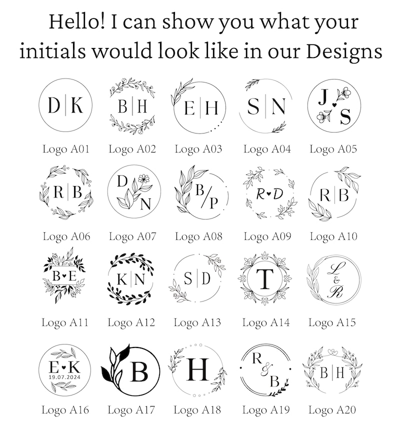 K&ouml;nnte beinhalten: Eine Sammlung von zwanzig kreisf&ouml;rmigen schwarz-wei&szlig;en Logodesigns mit verschiedenen Initialen, Blumenkr&auml;nzen und botanischen Elementen. Der Text oben lautet: Hello! I can show you what your initials would look like in our Designs. Jedes Logo ist beschriftet.