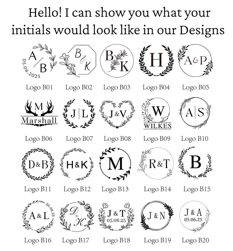 K&ouml;nnte beinhalten: Eine Sammlung von zwanzig schwarz-wei&szlig;en, kreisf&ouml;rmigen und geometrischen Logodesigns mit Initialen, Namen und Daten, umgeben von botanischen Elementen wie Bl&auml;ttern und Blumen. Der Text lautet: Hello! I can show you what your initials would look like in our Designs.