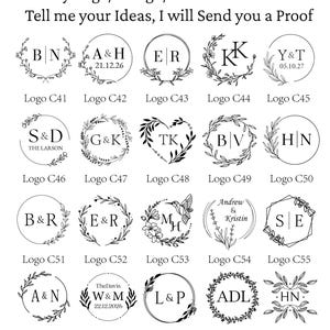 K&ouml;nnte beinhalten: Eine Sammlung von zwanzig schwarz-wei&szlig;en kreisf&ouml;rmigen und geometrischen Logodesigns mit Blumenkr&auml;nzen, Initialen, Namen und Daten. Der Text oben lautet: Any Logo/Design/Font Can be Make. Tell me your Ideas, I will Send you a Proof.