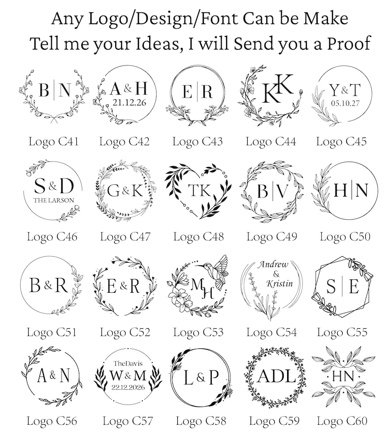 K&ouml;nnte beinhalten: Eine Sammlung von zwanzig schwarz-wei&szlig;en kreisf&ouml;rmigen und geometrischen Logodesigns mit Blumenkr&auml;nzen, Initialen, Namen und Daten. Der Text oben lautet: Any Logo/Design/Font Can be Make. Tell me your Ideas, I will Send you a Proof.