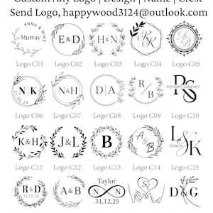 K&ouml;nnte beinhalten: Eine Sammlung von zwanzig schwarz-wei&szlig;en Logo-Designs, beschriftet von Logo C01 bis Logo C20, mit verschiedenen Monogrammen, Initialen, Daten und Blumenkranzmotiven. Der Text lautet Custom Any Logo | Design | Name | Crest und happywood3124@outlook.com.