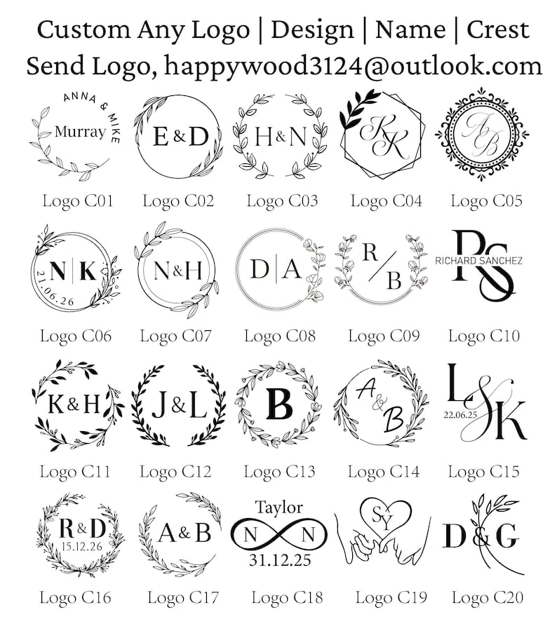 K&ouml;nnte beinhalten: Eine Sammlung von zwanzig schwarz-wei&szlig;en Logo-Designs, beschriftet von Logo C01 bis Logo C20, mit verschiedenen Monogrammen, Initialen, Daten und Blumenkranzmotiven. Der Text lautet Custom Any Logo | Design | Name | Crest und happywood3124@outlook.com.