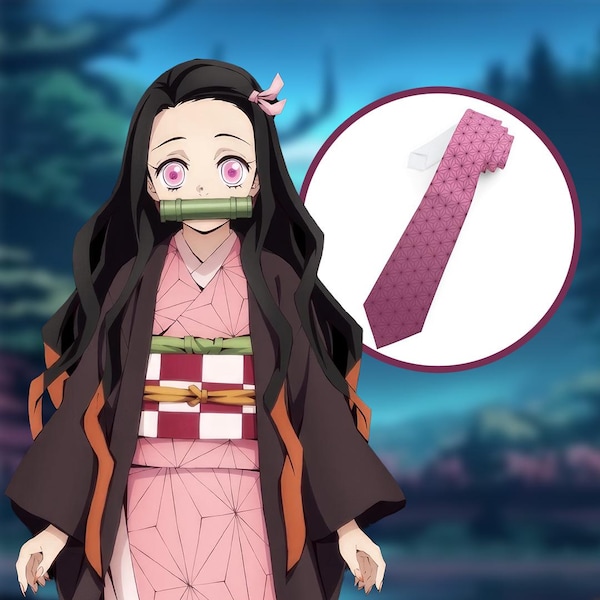 Nezuko Kamado Demon Slayer Pink Grunge Design Kimono with Fierce Eyes and Cute Sitting Pose TS04