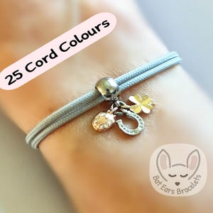 Good Luck Bracelet Lucky Horseshoe Ladybird and Four Leaf Clover Charms Adjustable Cord Bracelet 25 Colours