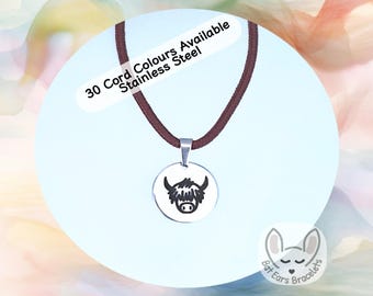 Engraved Highland Cow Necklace, Scottish Cow Charm, Highland Cattle Gift, Scotland Gift, Adjustable Cord Necklace