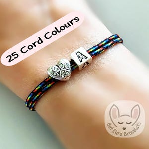 Paw Print Bracelet Crystal Heart Paw Print Gift Charm and Letter Adjustable Cord Bracelet 25 Colours