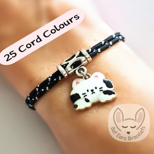 Black and White Cat Bracelet Tuxedo Cat Black White Cat Gift Charm Adjustable Cord Bracelet 25 Colours
