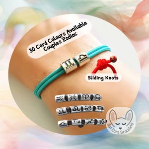 30 CORD COLOURS Couples Zodiac Bracelet Two Star Signs Charm Zodiac Charms Couples Gift Adjustable Cord Bracelet Personalised Gift Aries Taurus Gemini Cancer Leo Virgo Libra Scorpio Sagittarius Capricorn Aquarius Pisces Bat ears bracelets one size adjustable paracord bracelet recyclable packaging no plastic personalised with gift bag birthday gift best friends gifts cord charm bracelet adjustable bracelet for women men teens kids bracelet anklet ankle bracelet.