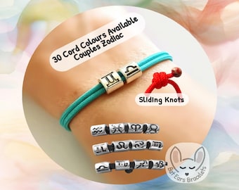 Couples Zodiac Bracelet, Two Star Sign Charms, Zodiac Sign Gift, Matching Couples Bracelet, Adjustable Cord Bracelet