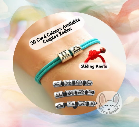 Couples Zodiac Bracelet Two Star Signs Charm Zodiac Charms Couples Gift Adjustable Cord Bracelet