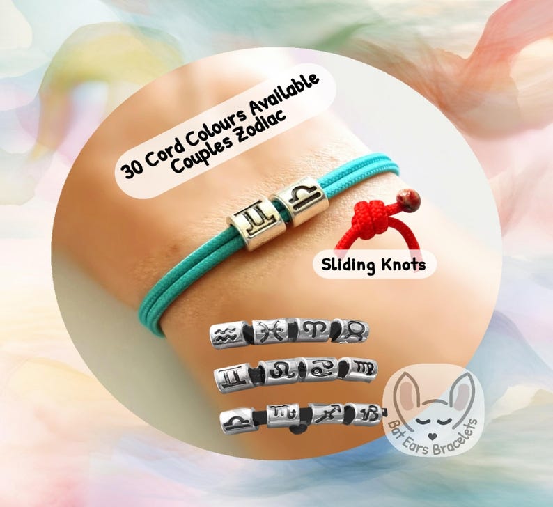 30 CORD COLOURS Couples Zodiac Bracelet Two Star Signs Charm Zodiac Charms Couples Gift Adjustable Cord Bracelet Personalised Gift Aries Taurus Gemini Cancer Leo Virgo Libra Scorpio Sagittarius Capricorn Aquarius Pisces Bat ears bracelets one size adjustable paracord bracelet recyclable packaging no plastic personalised with gift bag birthday gift best friends gifts cord charm bracelet adjustable bracelet for women men teens kids bracelet anklet ankle bracelet.