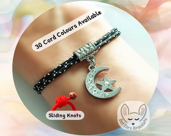 Moon and Star Bracelet, Moon Star Bracelet, Crescent Moon Charm, Crystal Star Gift, Celestial Bracelet, Adjustable Cord Bracelet