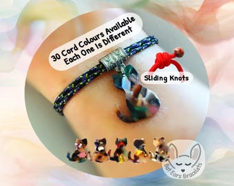 Cat Bracelet, Mixed Colour Cat Charm, Unique Resin Cat, Calico Cat Gift, Adjustable Cord Bracelet