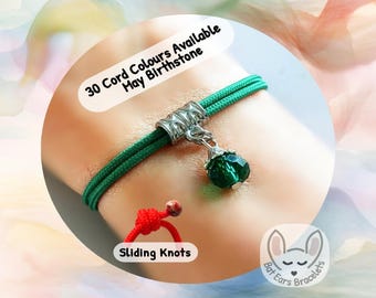 May Birthstone Bracelet, May Birthday Gift, Emerald Colour Crystal Charm, Taurus Gemini Birthstone, Adjustable Cord Bracelet