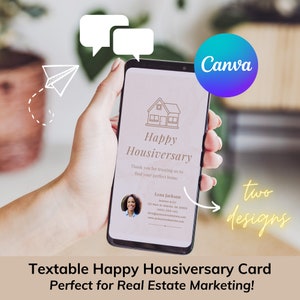 Tekstbare Happy Housiversary-kaart voor makelaars om via sms-app naar klanten te verzenden, aanpasbare sjabloon voor vastgoedmarketing #E099v