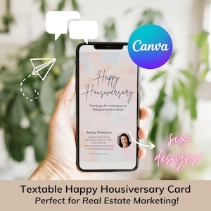 Tekstbare Happy Housiversary-kaart voor makelaars om naar klanten te sturen via de sms-app, aanpasbare sjabloon voor vastgoedmarketing #E099x