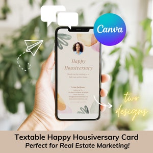Tekstbare Happy Housiversary-kaart voor makelaars om naar klanten te sturen via de sms-app, aanpasbare sjabloon voor vastgoedmarketing #E100b