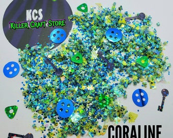 Coraline Glitter Foil Mix - 15g - Glitter for Resin, Slime, acrylic & gel nails, tumblers - Skeleton Key - Seeing Stone - Button Eyes