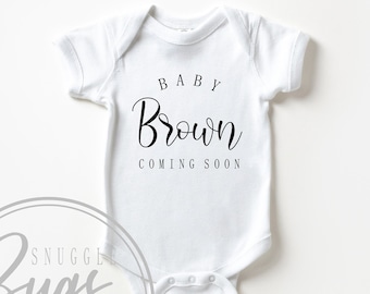 Pregnancy Announcement Bodysuit: Coming Soon Baby Reveal, Custom Last Name