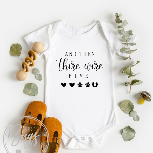 And Then There Were Five Baby Bodysuit: Pregnancy Announcement Gift, Personalized