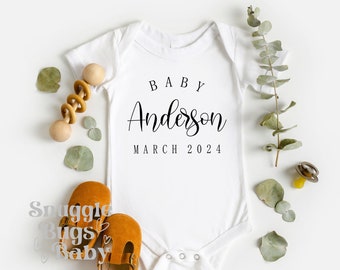 Pregnancy Announcement Baby Bodysuit, Baby Announcement Bodysuit, Personalized Last Name Announcement Baby Bodysuit,  Baby Shower Décor.