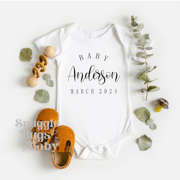 Pregnancy Announcement Baby Bodysuit, Baby Announcement Bodysuit, Personalized Last Name Announcement Baby Bodysuit,  Baby Shower Décor.