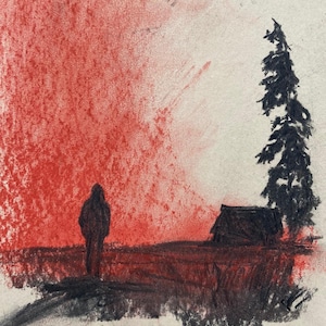 Könnte beinhalten: Eine Schwarzweißzeichnung einer Person, die vor einer kleinen Hütte mit einem Baum rechts steht. Der Himmel ist in einem leuchtenden Rot gehalten.