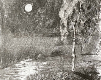 Silent Night at the Lake | Original Charcoal Drawing