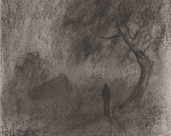 Gray Willow | Original Charcoal Drawing | Tree | Dark | Atmospheric | Fog